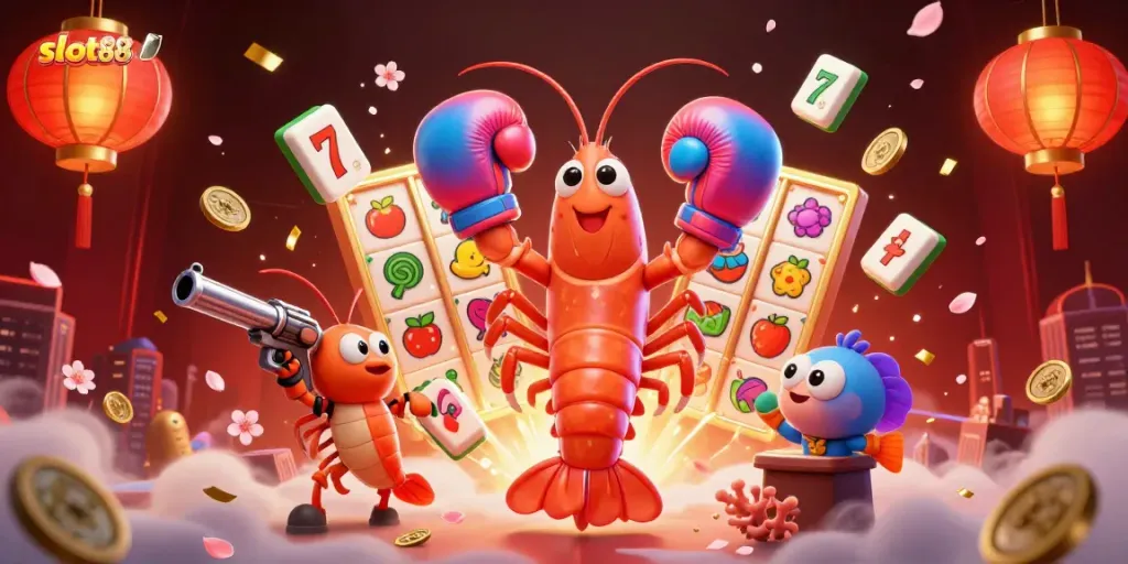 Slot88 menampilkan ilustrasi slot dengan karakter udang mantis, simbol keberuntungan, dan kemerahan yang penuh semangat.