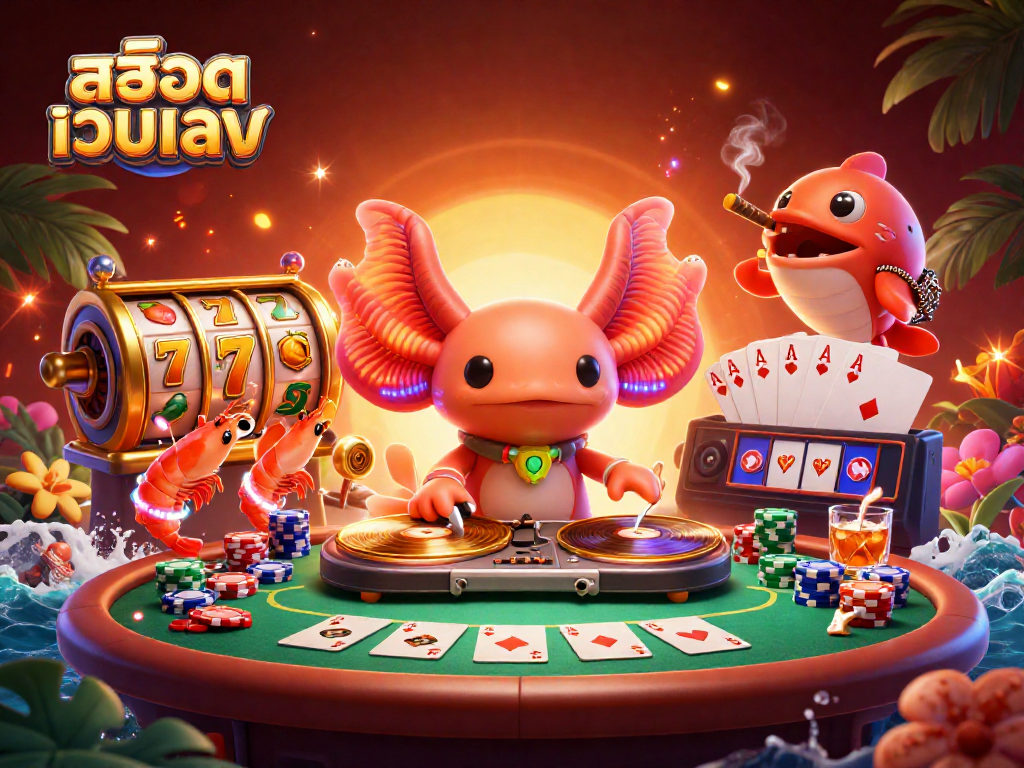 Engage in thrilling gameplay with สล็อตเว็บตรง showcasing vibrant slot reels, poker elements, and dynamic underwater characters.