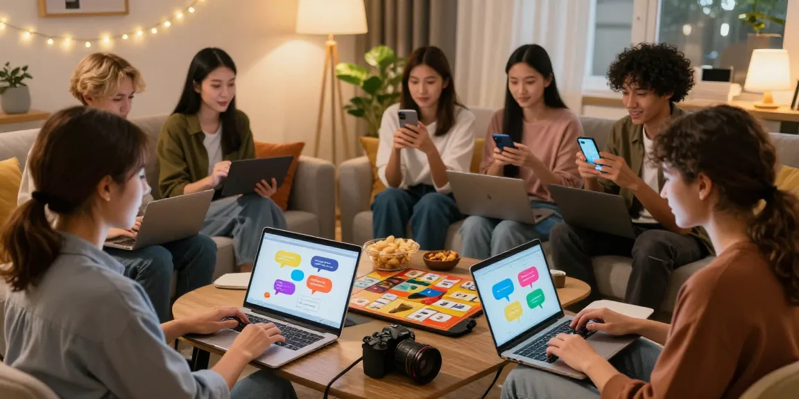 Engaging scene of شات تعب users chatting in a cozy living room, lively discussions on laptops and smartphones.