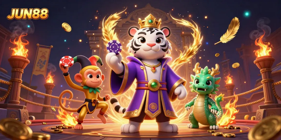 Experience thrilling gameplay at JUN88 with an elegant tiger and jester monkey in a vibrant casino scene.