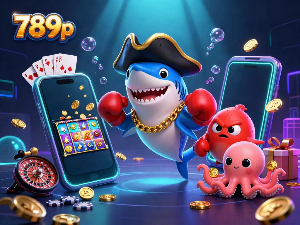 Winners celebrating with the 789p pirate shark, pufferfish boxer, and octopus treasure holder in a vibrant casino scene.