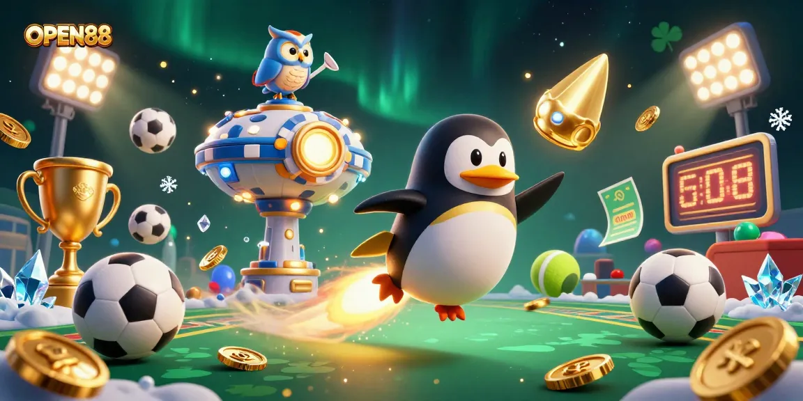 Experience abundant rewards at OPEN88 with a vibrant casino-themed illustration showcasing exciting game elements and a heroic penguin.
