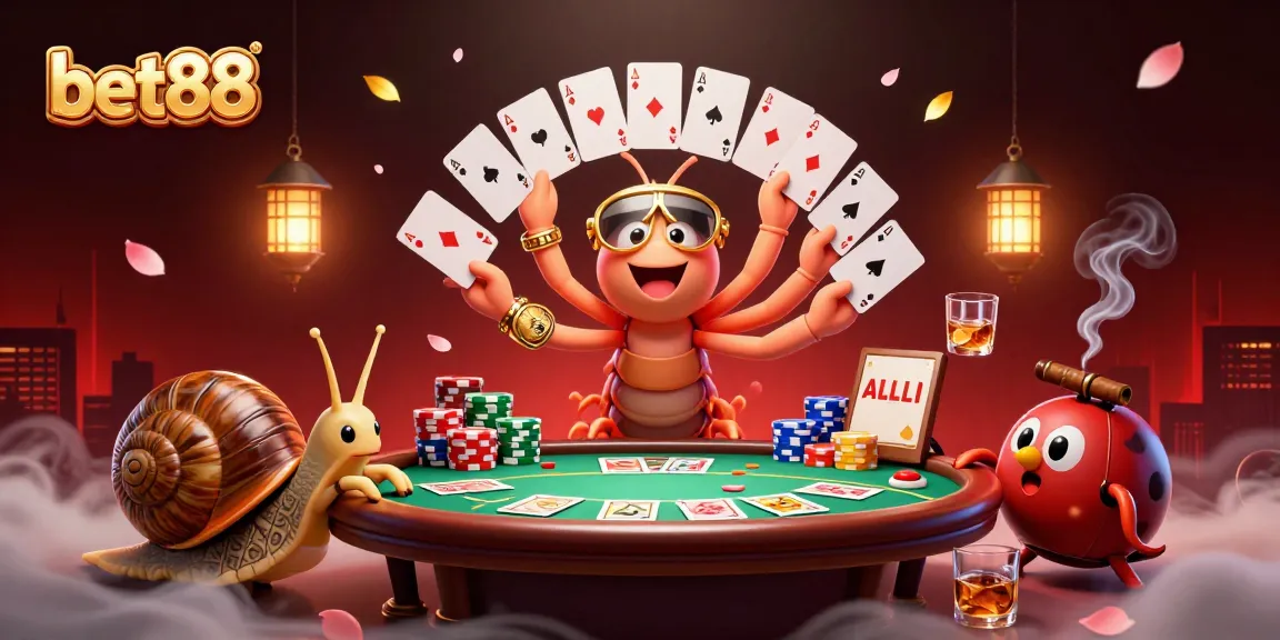 Experience the thrill of betting at bet88 with vibrant poker action and animated characters.