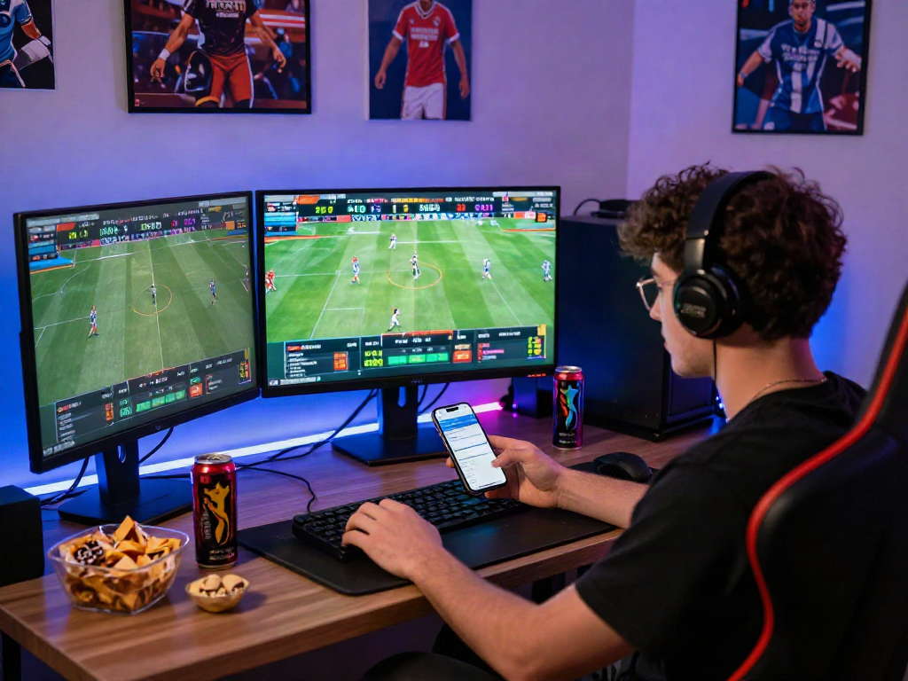 Person using the Playin exchange app for live sports betting in a vibrant gaming setup.