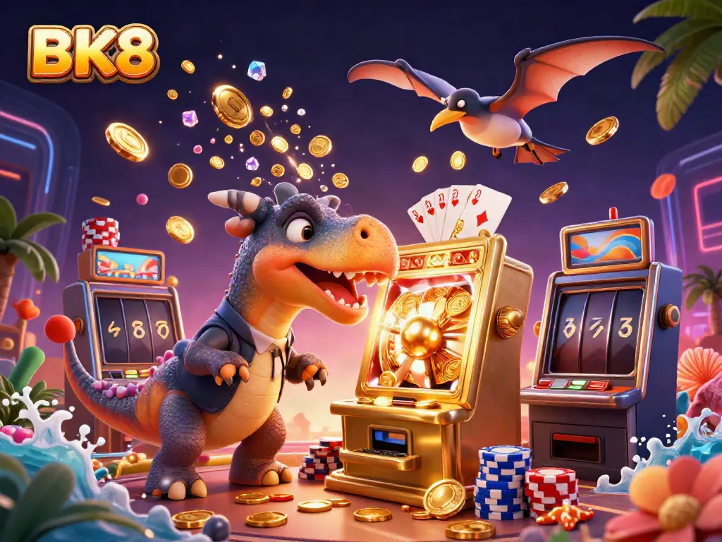 BK8 jackpot scene with cartoon dinosaurs and slot machines in a vibrant casino atmosphere