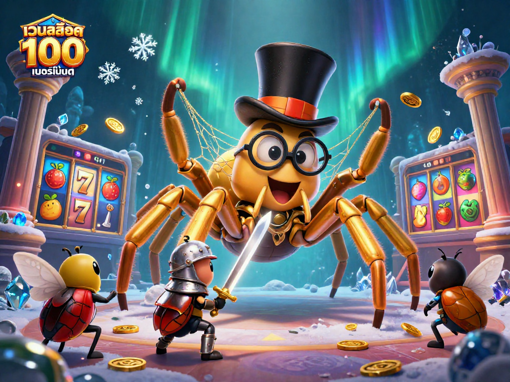 Engaging illustration showcasing เว็บสล็อต แท้ 100 เปอร์เซ็นต์ featuring a giant golden tarantula and beetle knight amidst vibrant slot reels.