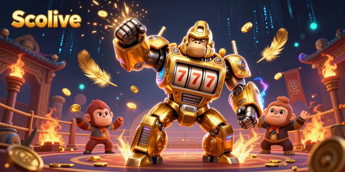 Socolive showcases an action-packed scene with a golden gorilla mech symbolizing dynamic sports betting.