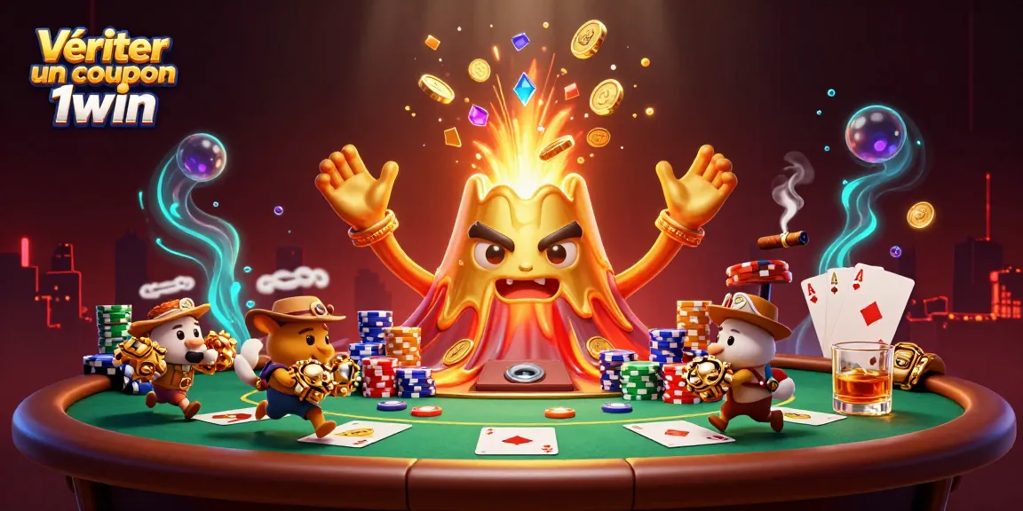 Vérifier un coupon 1win avec des éléments de jeu captivants, comme des jetons de poker et des trésors dorés.