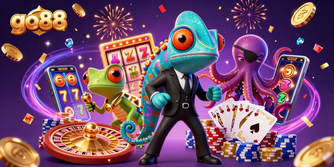 Go88 gaming illustration showcasing vibrant casino action with slot reels and exciting game elements.