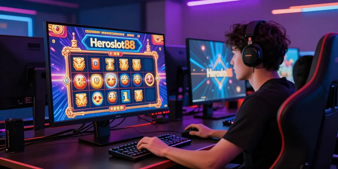 Pengguna bermain slot online di Heroslot88 dengan suasana gaming yang menyenangkan dan logo terlihat jelas.