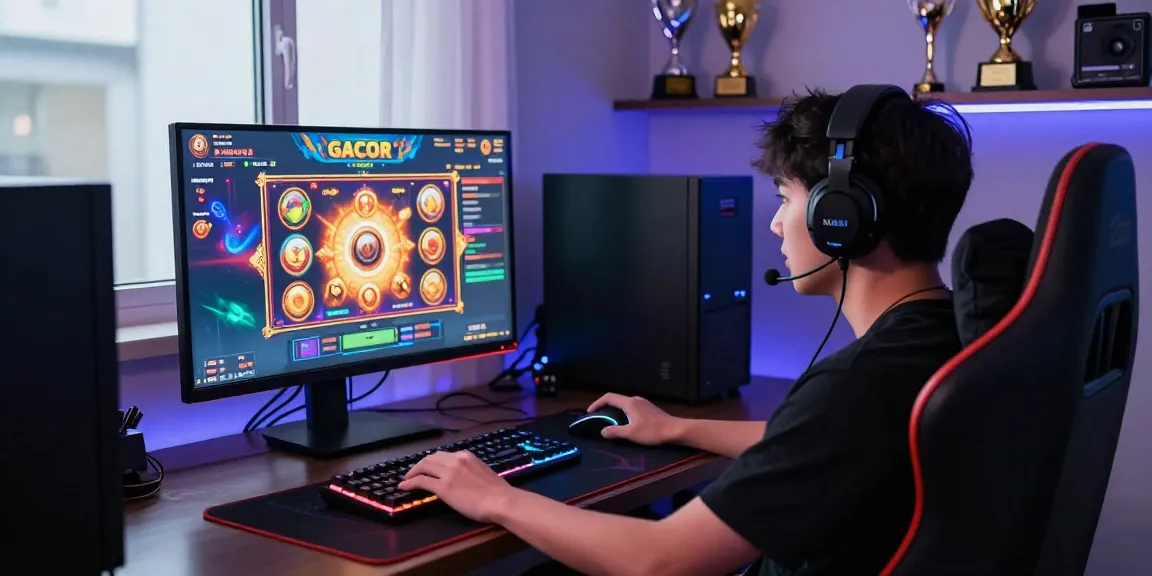 Seorang pemain terlibat bermain slot gacor dalam pengaturan gaming modern dengan aksesori lengkap dan suasana yang dinamis.