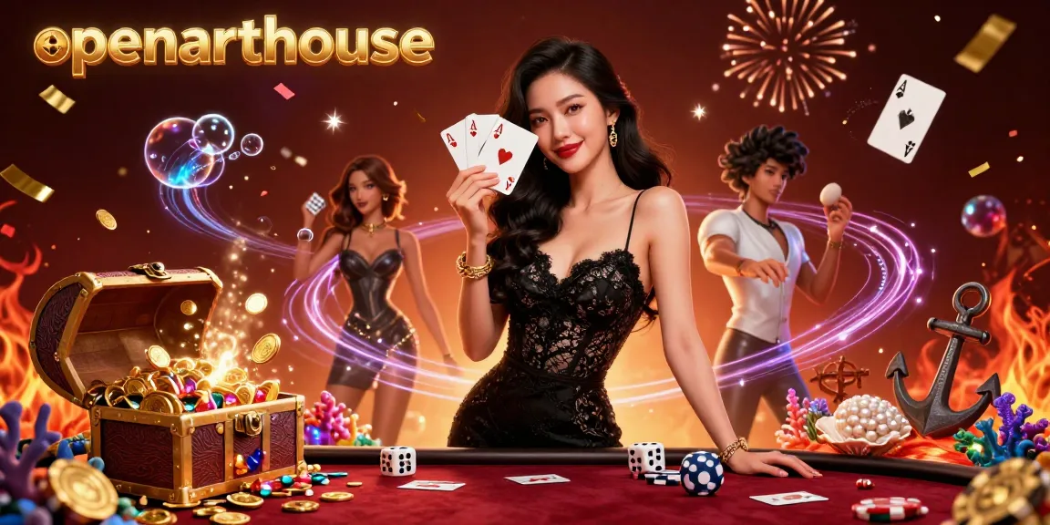 Experience thrilling moments at openarthouse with an elegant Asian woman holding ace cards in a vibrant casino scene.
