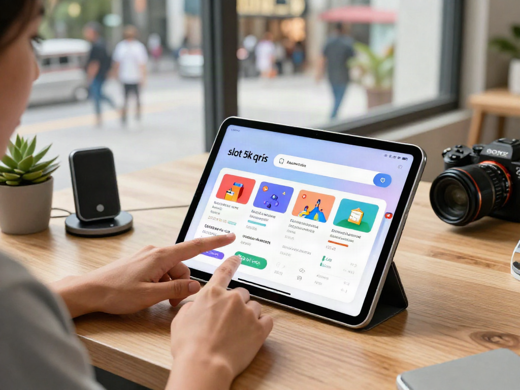 Engaging scene showcasing a user selecting the slot 5k qris payment option on a sleek tablet amidst a vibrant e-commerce workspace.