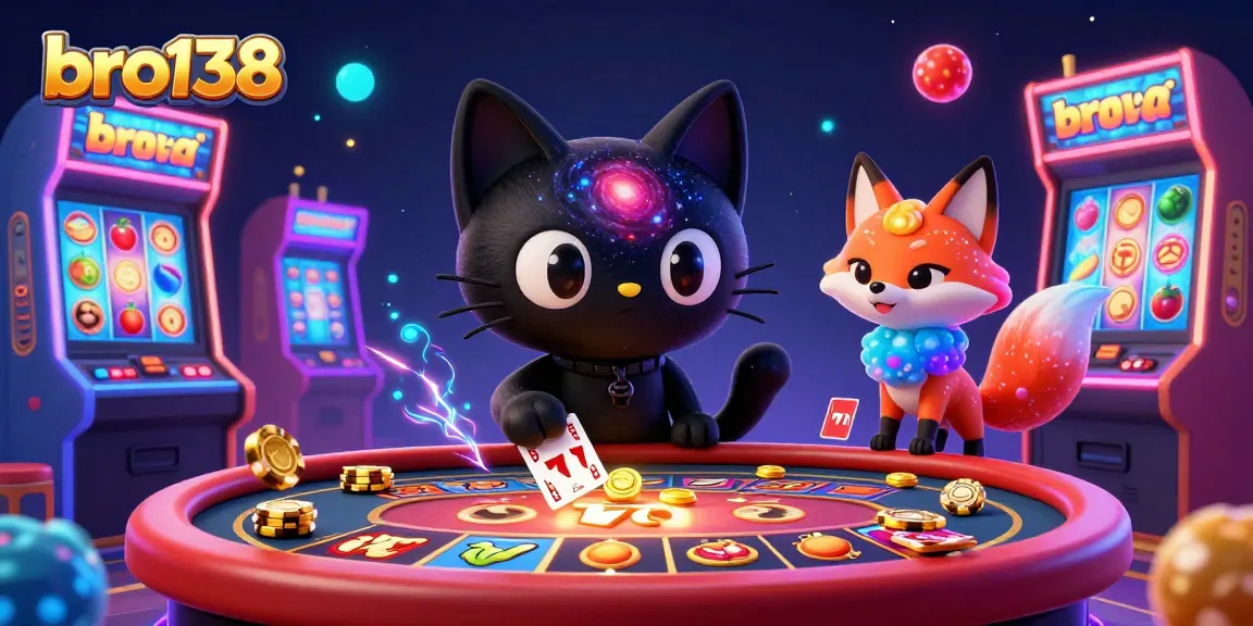 Engage with bro138's thrilling cosmic casino scene featuring a captivating black hole cat and vibrant gaming elements.