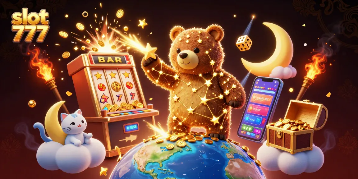 Experience thrills with slot 777 as the bear collects coins in a vibrant casino scene.