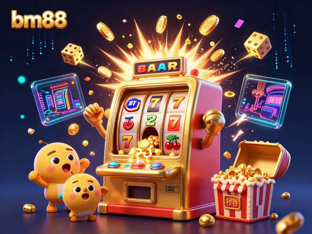 Feel the excitement at bm88 with a cartoon slot machine hitting a jackpot amidst flying coins and cheering baby slots.