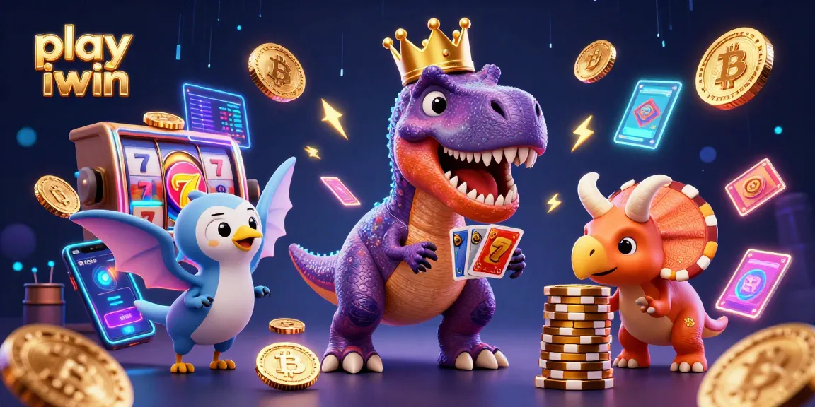 Play iwin in a vibrant 3D casino scene with T-Rex dealing cards and crypto elements.
