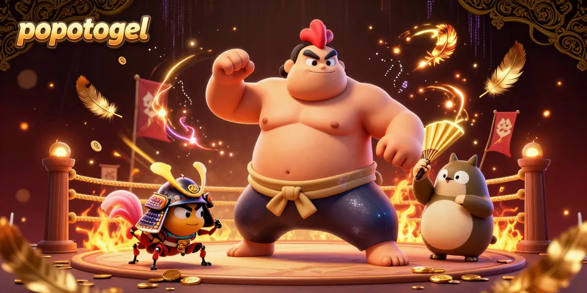 Experience the excitement of popotogel with a fierce sumo rooster, samurai cricket, and an announcer in a vibrant arena.