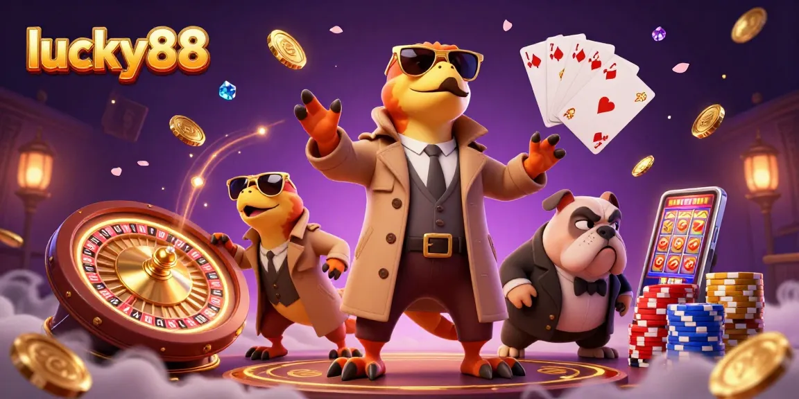 Engage with lucky88 by stepping into a whimsical VIP casino scene featuring raptors and a bulldog bouncer.