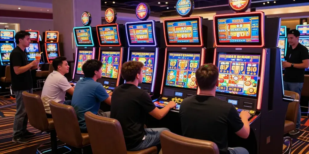 Group of players enjoying slot games at a lively casino.