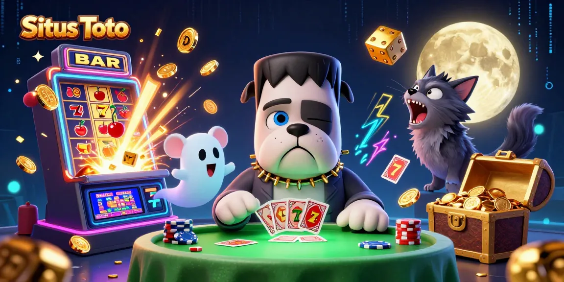 Experience the excitement of Situs Toto with a lively scene featuring a monster dealer, rich casino elements, and vibrant colors.