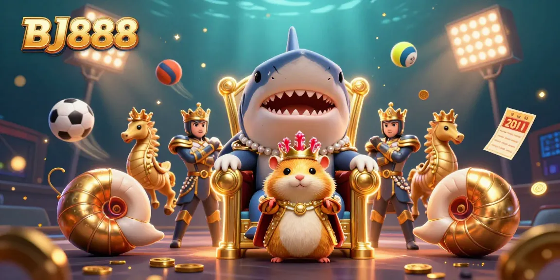 BJ888 captures the excitement of online gambling with a dynamic underwater casino scene featuring royal characters.