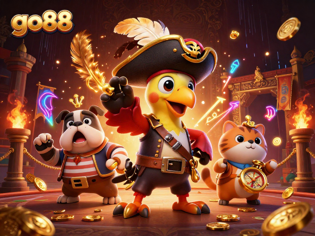 Engage with go88's thrilling gaming experience, featuring dynamic casino characters amidst golden coins and vibrant effects.