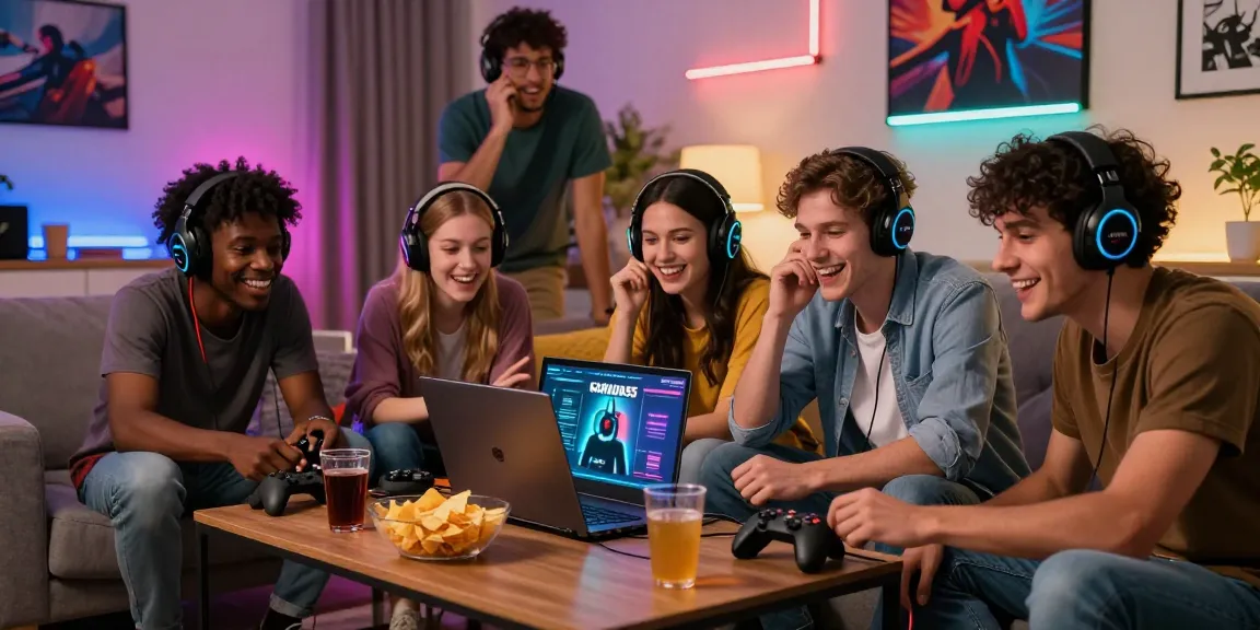 Group enjoying online gaming on GARUDA55 platform with snacks and LED lights
