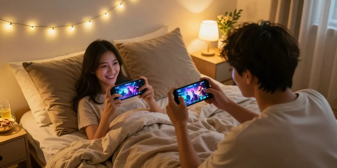 Couple enjoying mind control porn games in cozy bedroom with warm lighting.