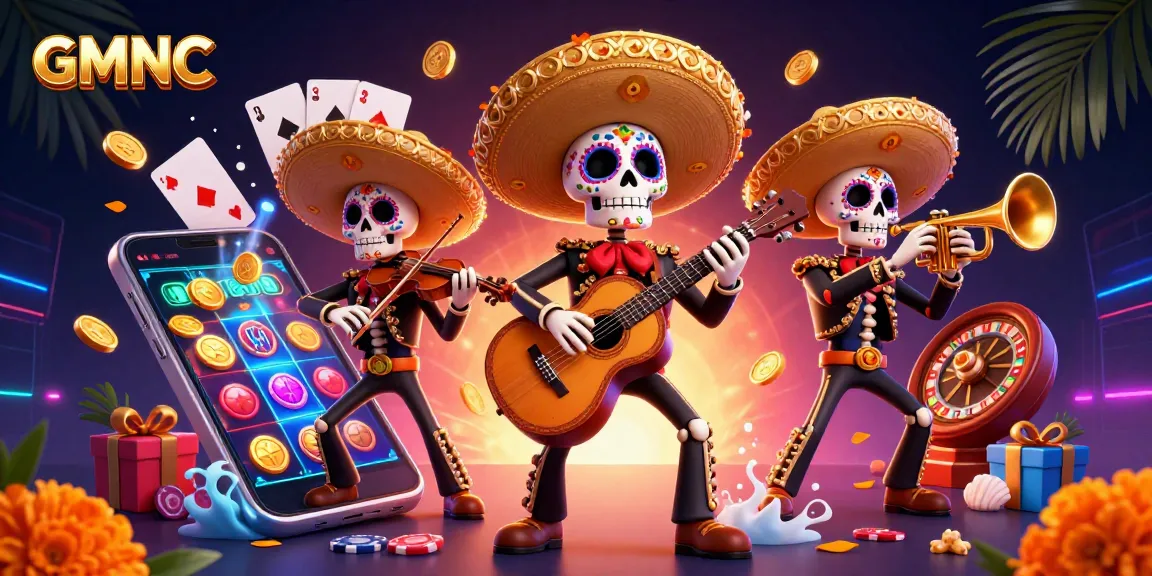 Engage with GMNC's vibrant casino scene featuring a lively mariachi band amid dynamic gaming elements.