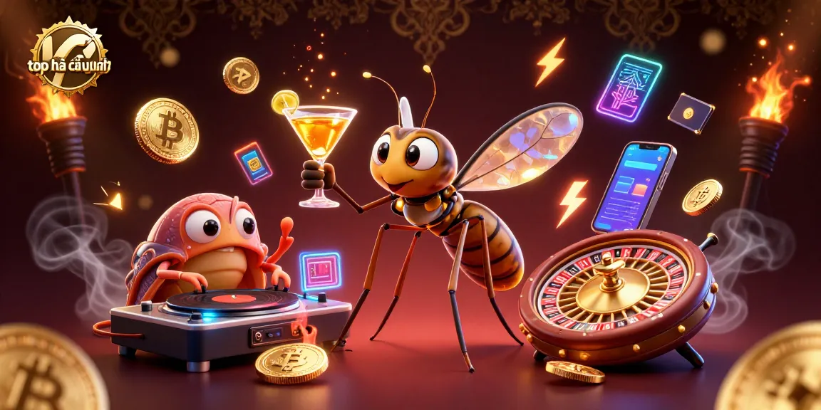 Experience the excitement of top nhà cái uy tín with a lively casino scene featuring vibrant characters and crypto elements.