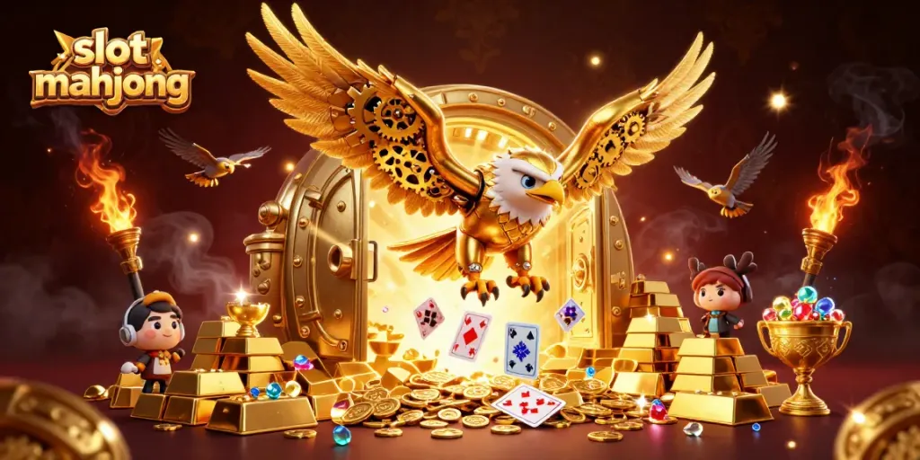 Permainan slot mahjong membawa kegembiraan dengan harta karun emas yang bersinar dan kartu bermain yang dibagikan.