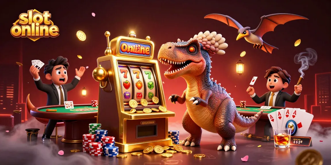 Catch golden coins with slot online as a dinosaur wins big at a vibrant casino scene.