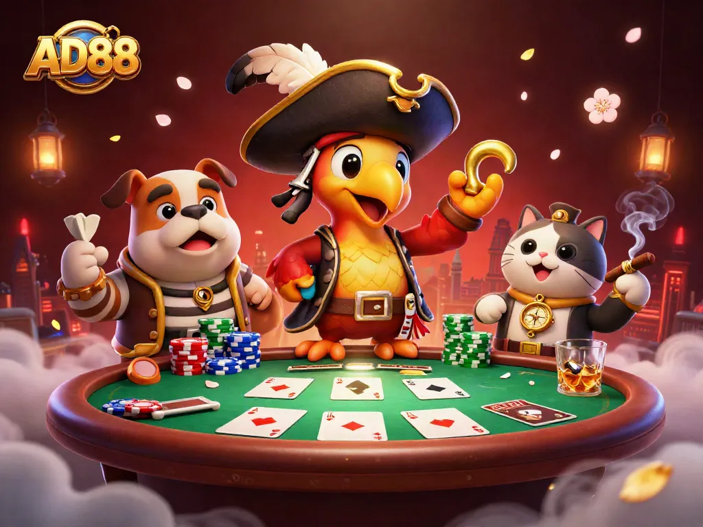 AD88 showcases a vibrant 3D casino scene with a pirate captain and key gambling elements.