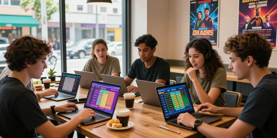 Engaged group discussing ulartoto togel strategies in a lively cafe, showcasing online gambling excitement.