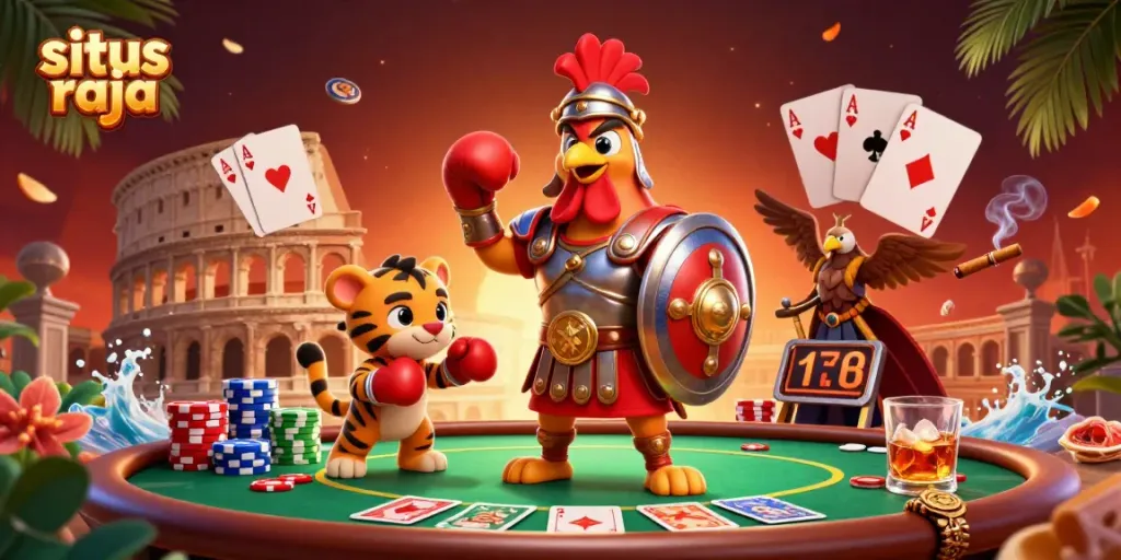 Temukan pengalaman bermain di situs raja dengan ilustrasi kasino yang penuh warna dan elemen menarik.