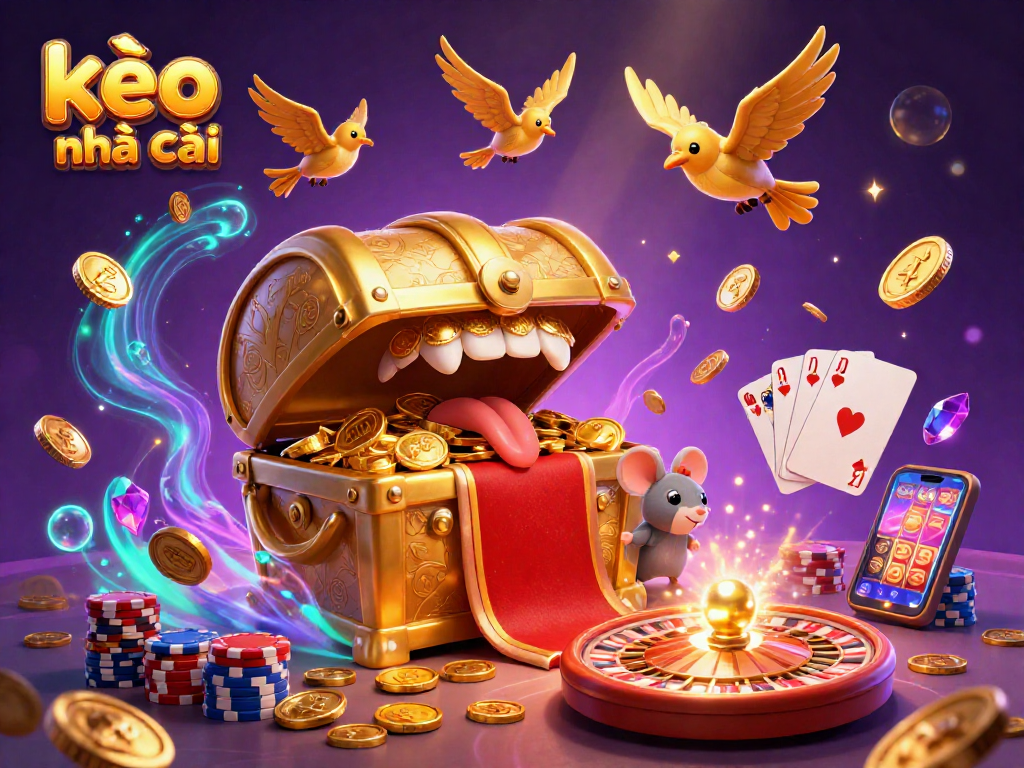 Engage with kèo nhà cái in this vibrant casino scene featuring a treasure chest luring adventurous mice.
