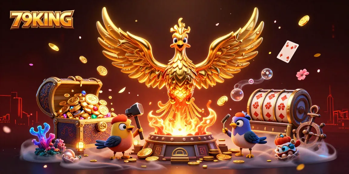Engage with 79KING's thrilling 3D casino adventure featuring a phoenix and gold-filled treasures.