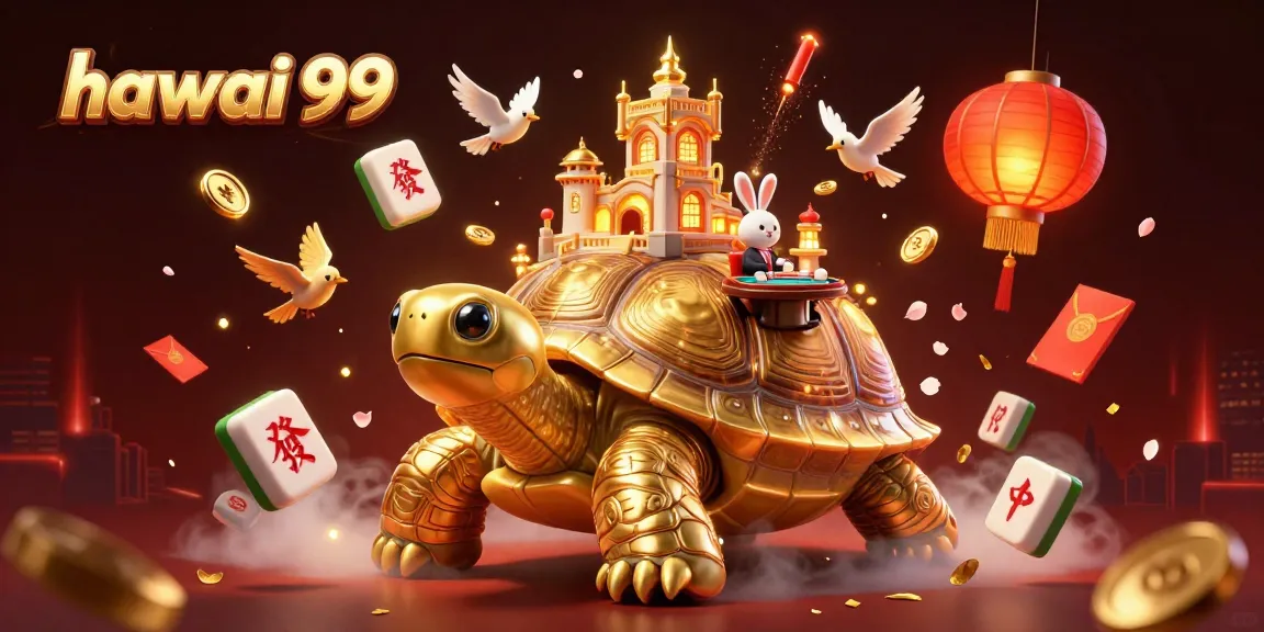 Engage with hawai 99 through a rich 3D casino scene featuring a golden tortoise, a rabbit dealer, and festive decorations.