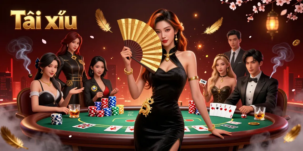Engage in Tài xỉu with a stunning design of a woman in a casino setting, surrounded by poker elements.