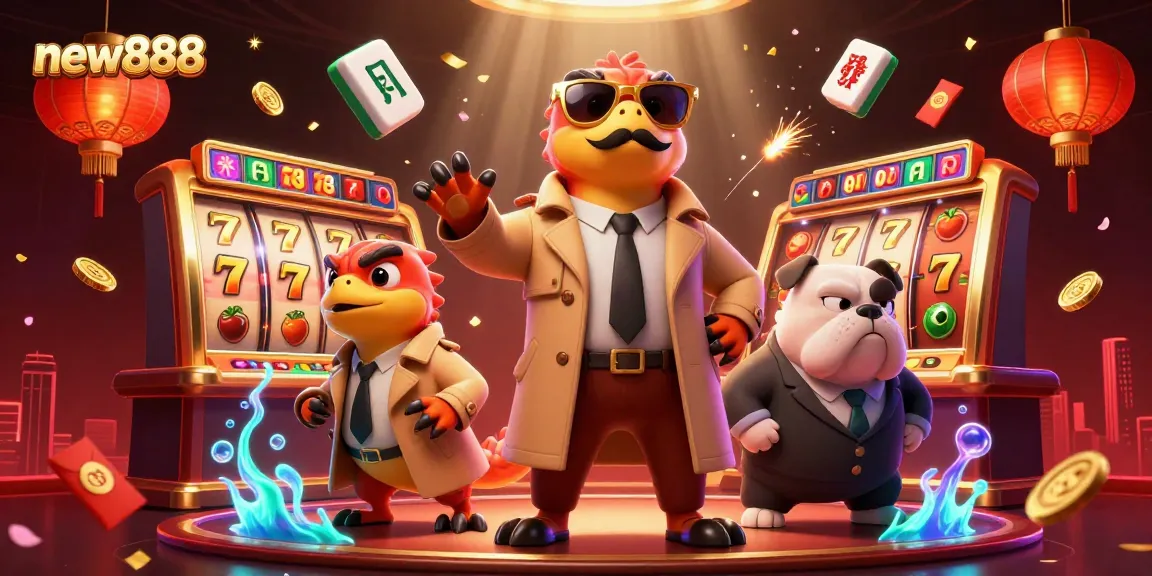 Engage with the thrilling atmosphere of new888 at a VIP casino lounge with cartoon raptors and vibrant game symbols.