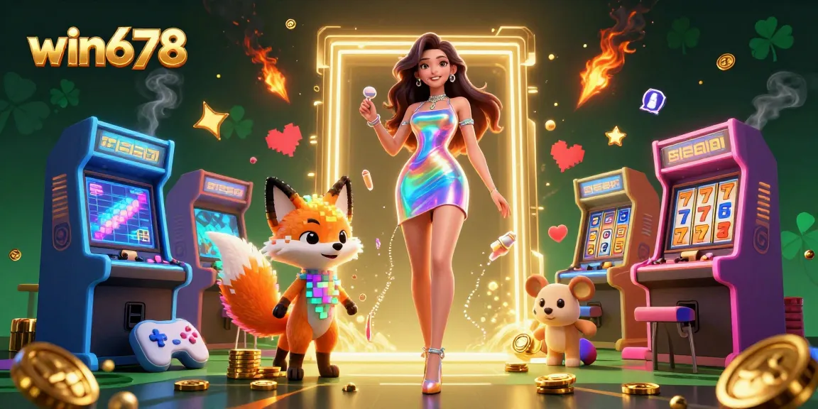 Win678 players spinning slot reels in an ultra-detailed colorful casino scene with vibrant 3D elements.