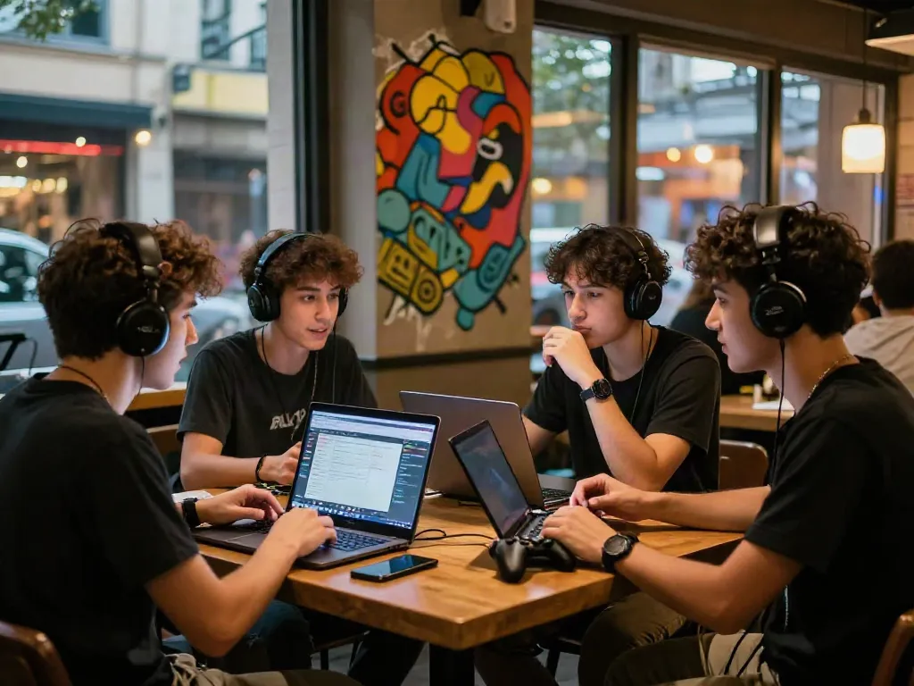 Group discussing akunjp gaming trends in a trendy urban café.