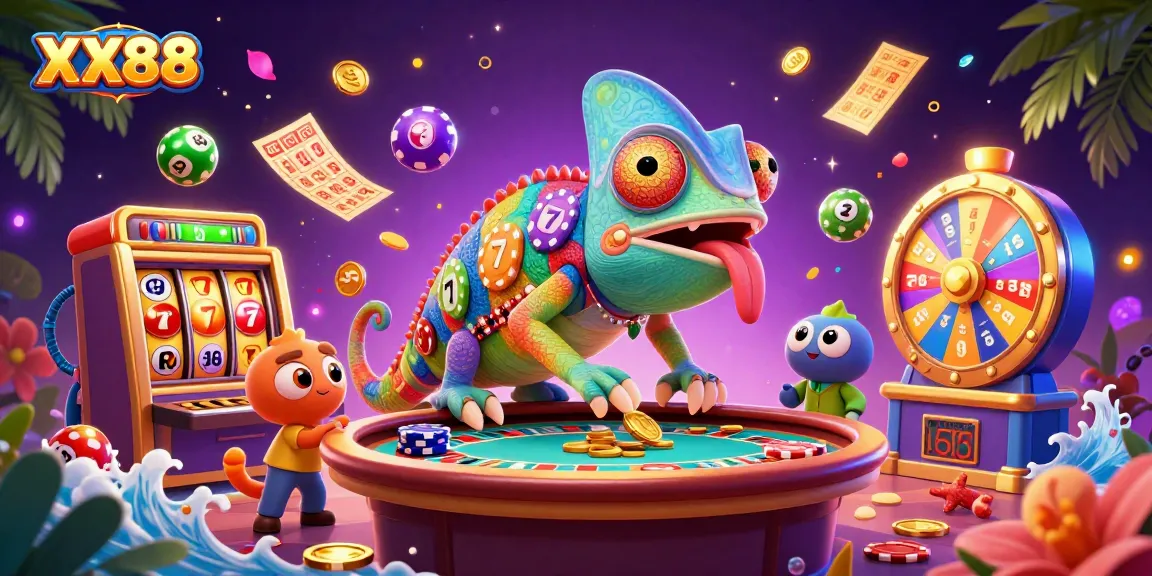 Engage in thrilling gameplay with XX88 as the chameleon owner captures golden coins and vibrant lottery balls.