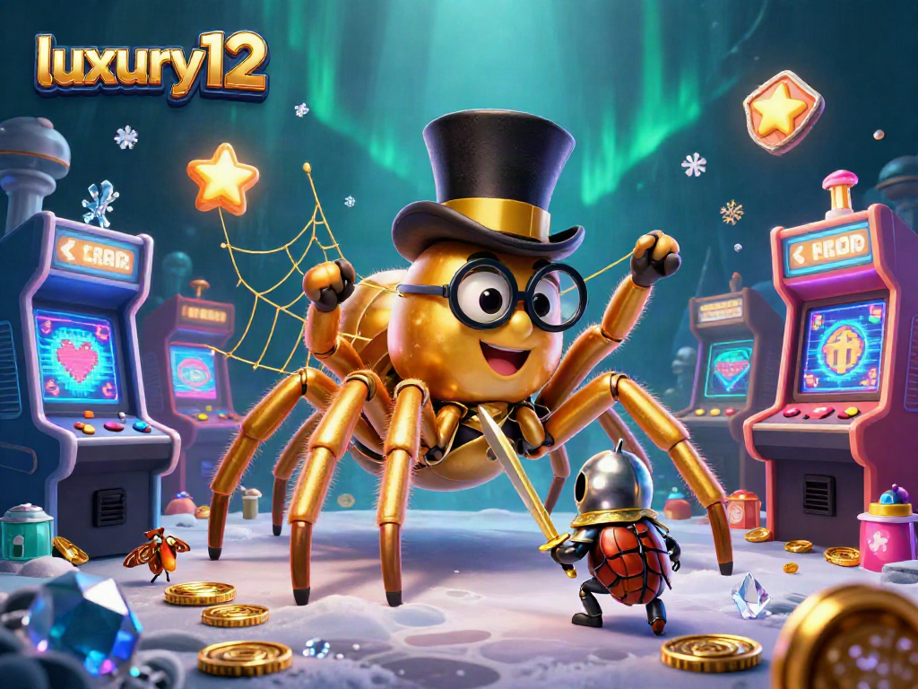 Slot online luxury12 yang menampilkan laba-laba emas 3D dan ksatria kecil di casino.