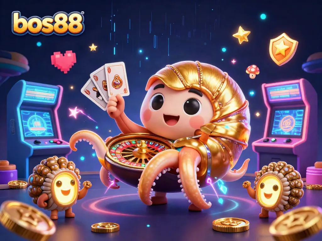 Join the excitement of bos88 with an engaging 3D casino scene featuring vibrant games and glowing elements.
