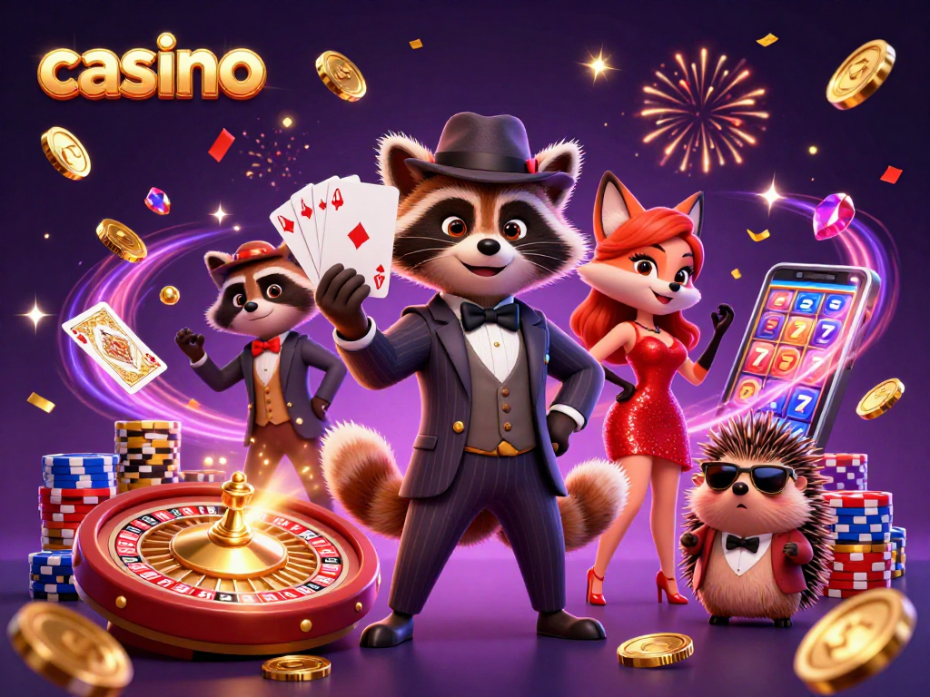 Delight in the casino atmosphere with the suave raccoon and charming fox celebrating a royal flush.