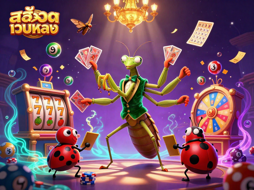 Engage with สล็อตเว็บตรง as the giant praying mantis deals cards while colorful balls bounce around.