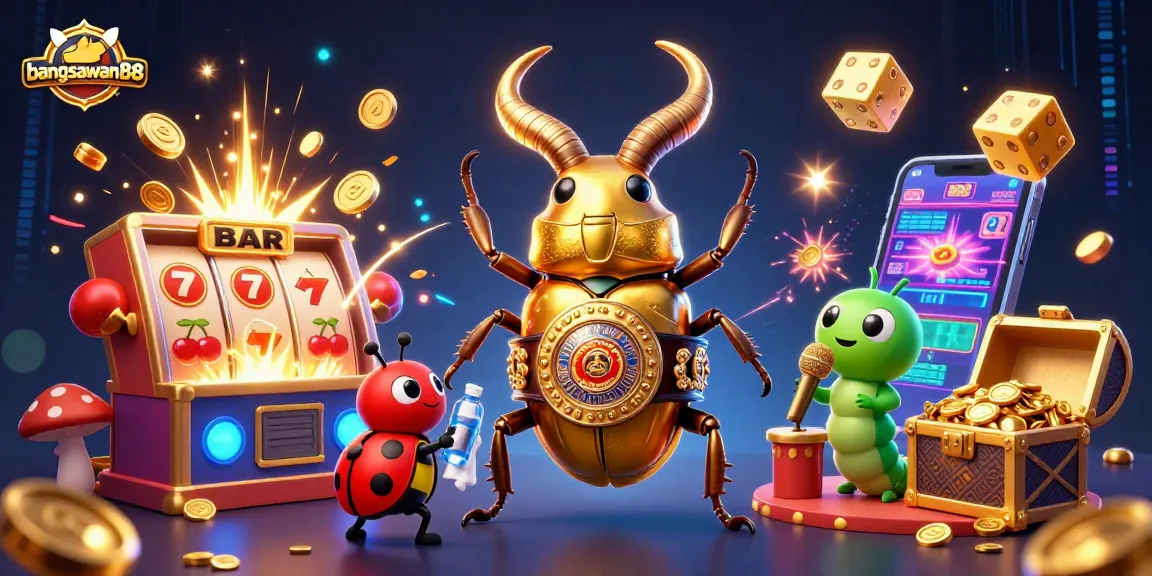Bangsawan88 showcases a giant golden stag beetle boxing amidst vibrant casino elements and jackpot excitement.