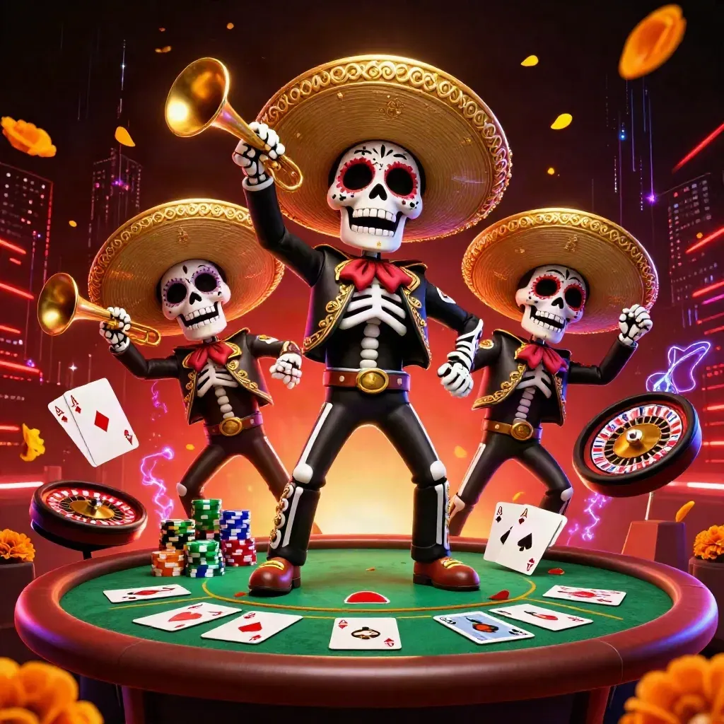 Skeleton mariachi trio amid casino cards, chips, roulette wheel, neon gold glow, dark red skyline.